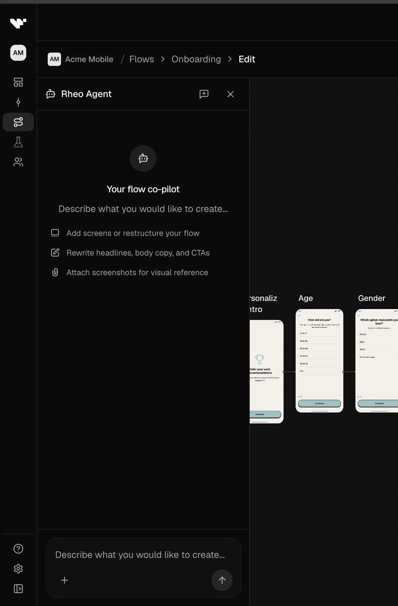 Rheo Agent sidebar open beside the canvas with a sample conversation