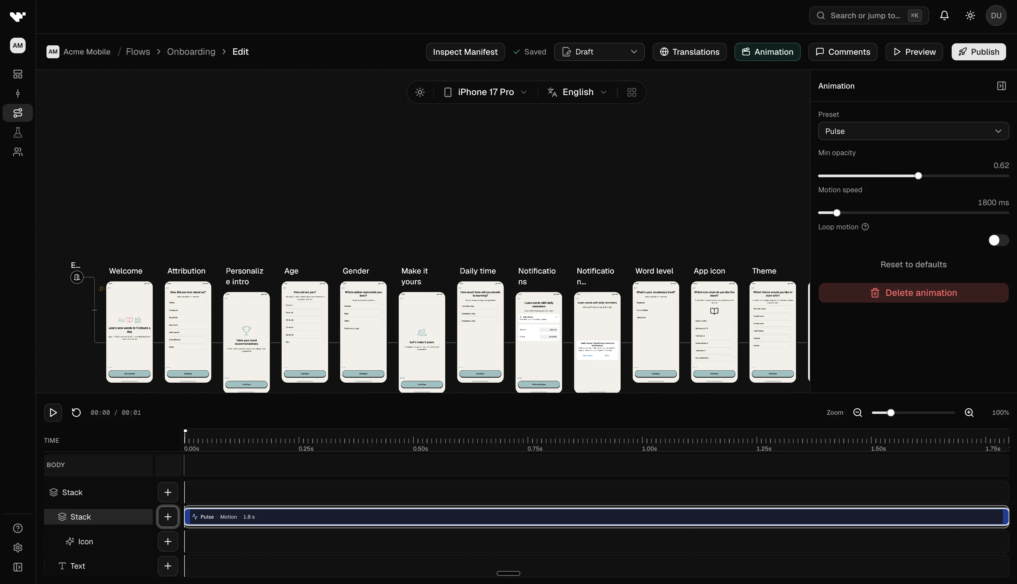 Animation workbench with timeline dock at the bottom of the editor