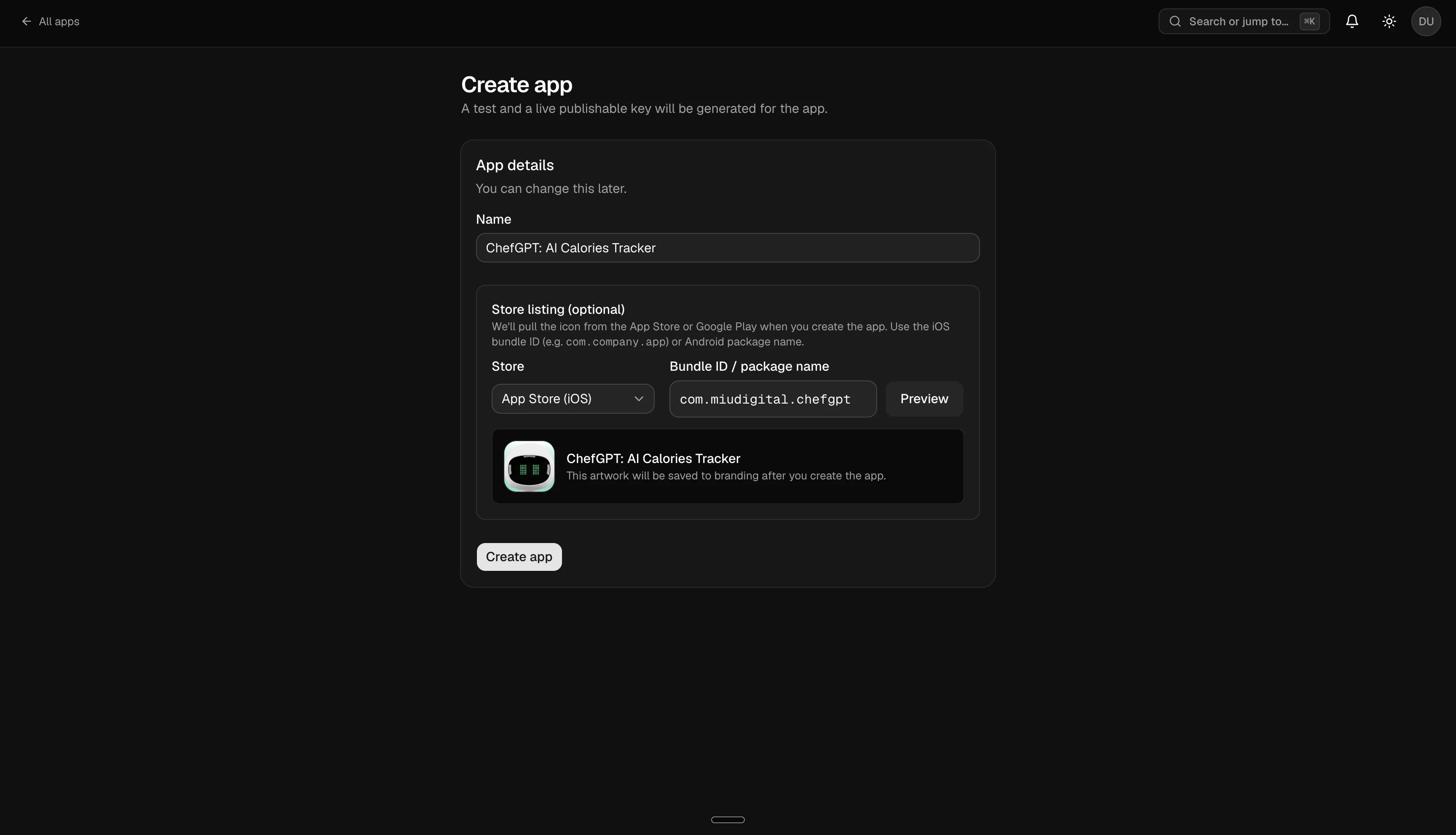 Create app form with store platform selector, bundle ID field, and Preview button
