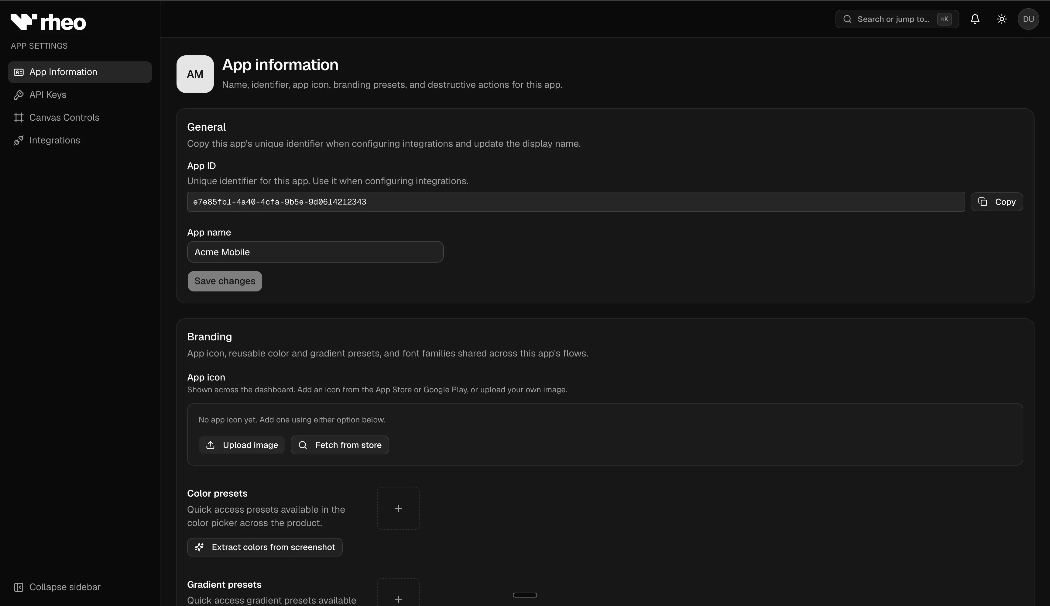 App settings navigation — General, Integrations, Canvas controls, API keys