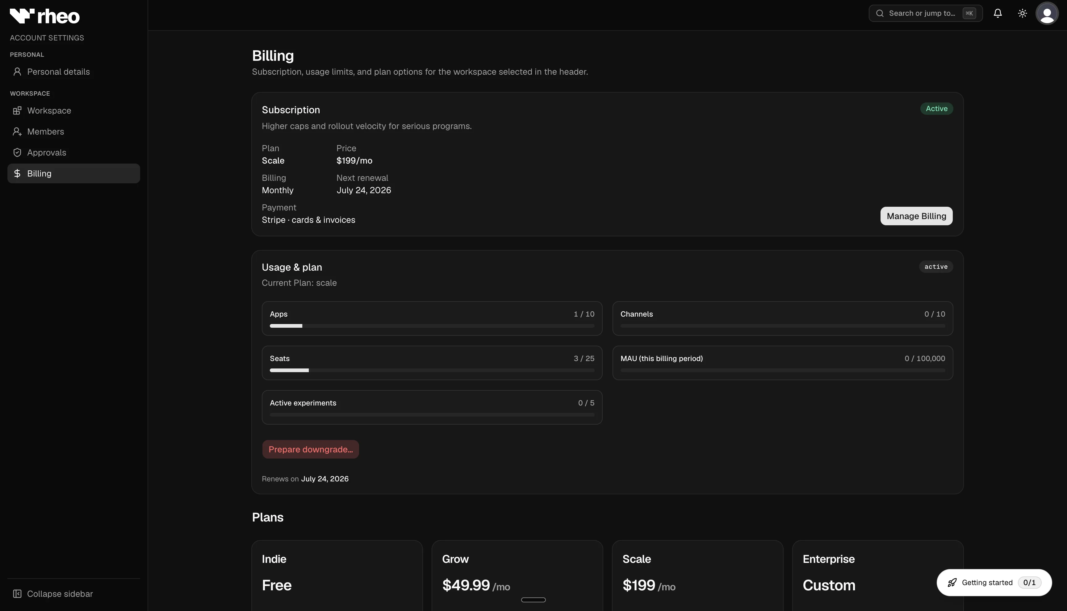 Account → Billing — current plan card and live MAU usage meter