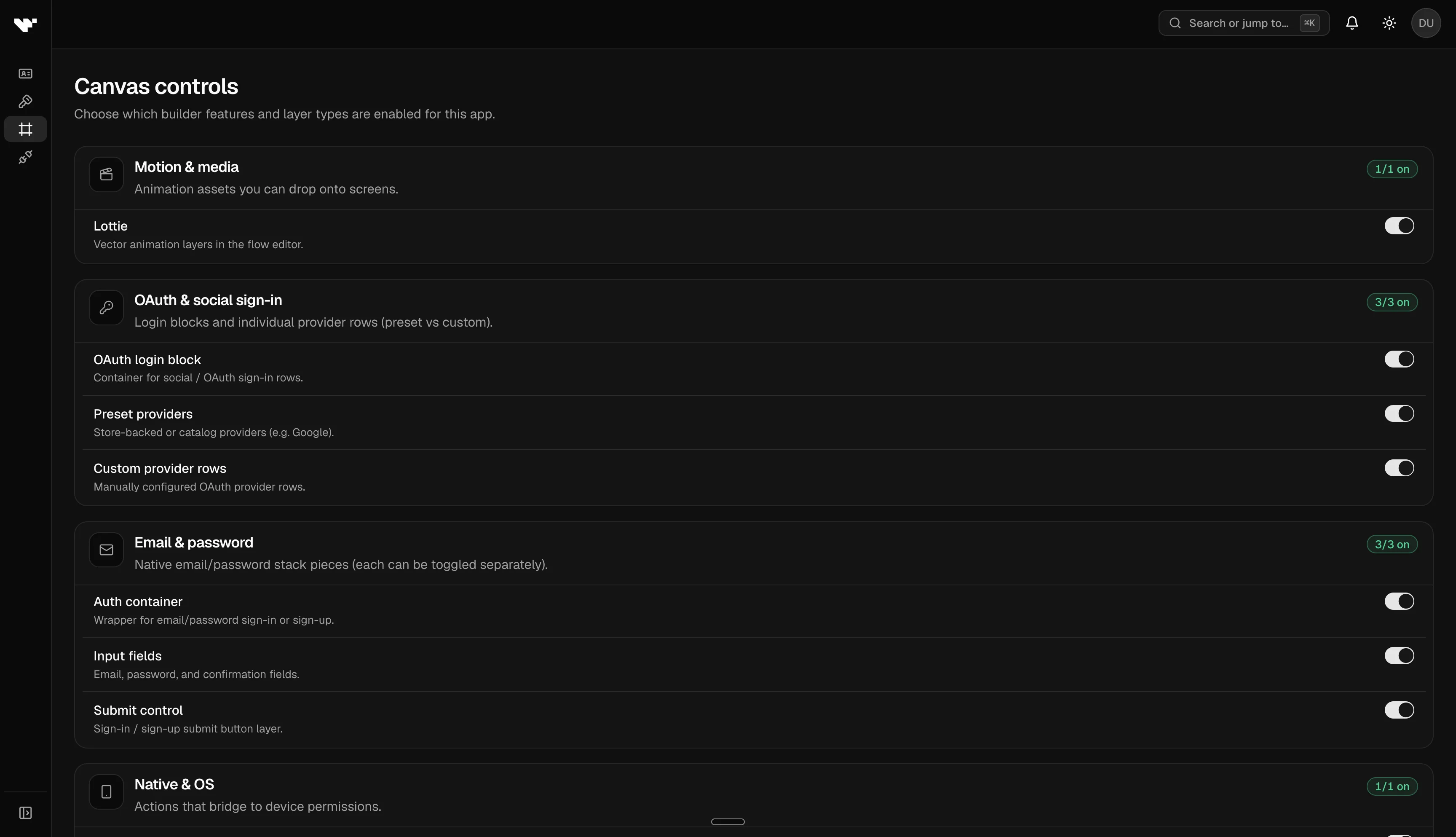 Dashboard: App settings → Canvas controls — toggles for OAuth and email/password layer families.
