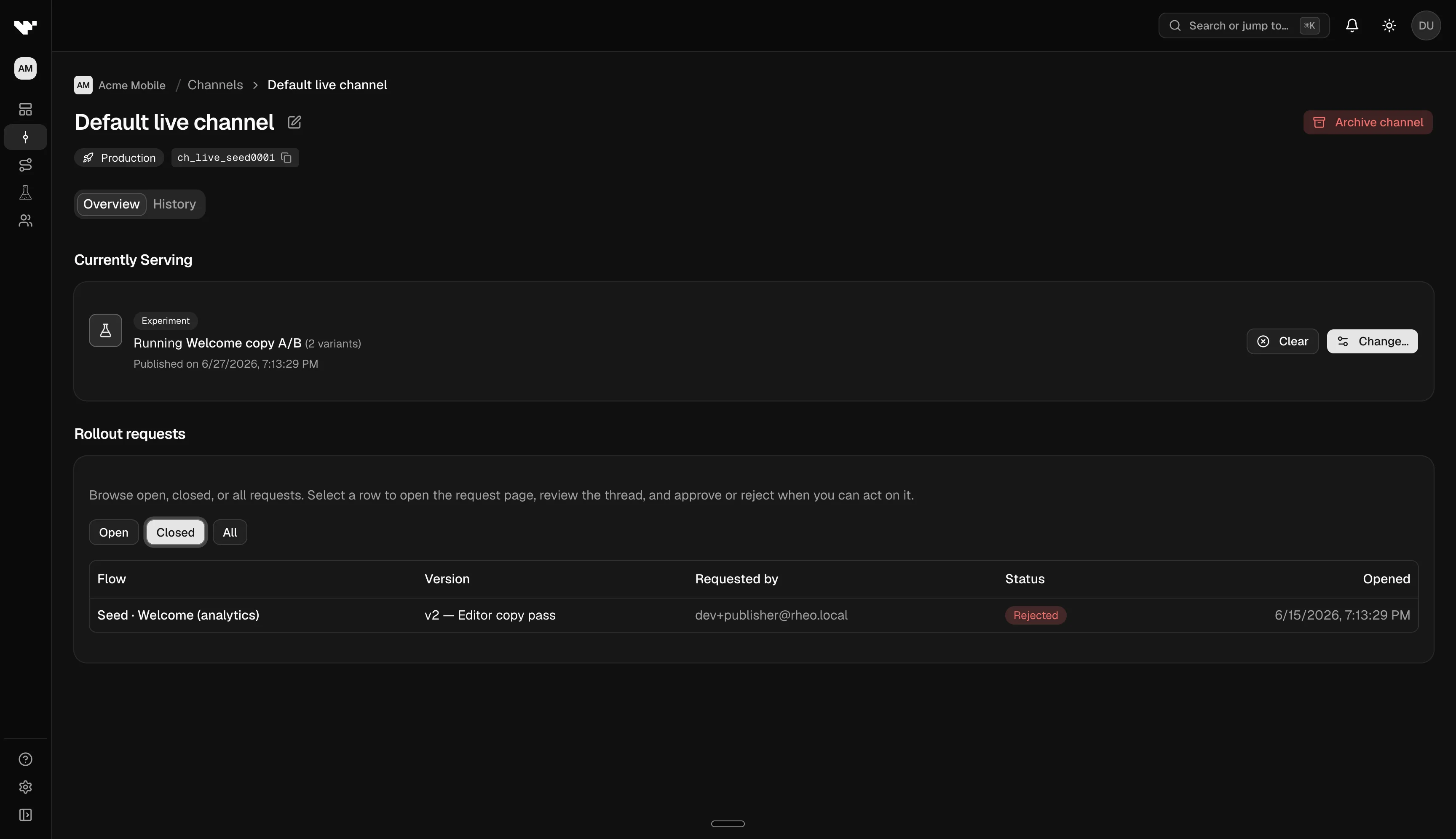 Channel detail with Direct assignment and published version picker