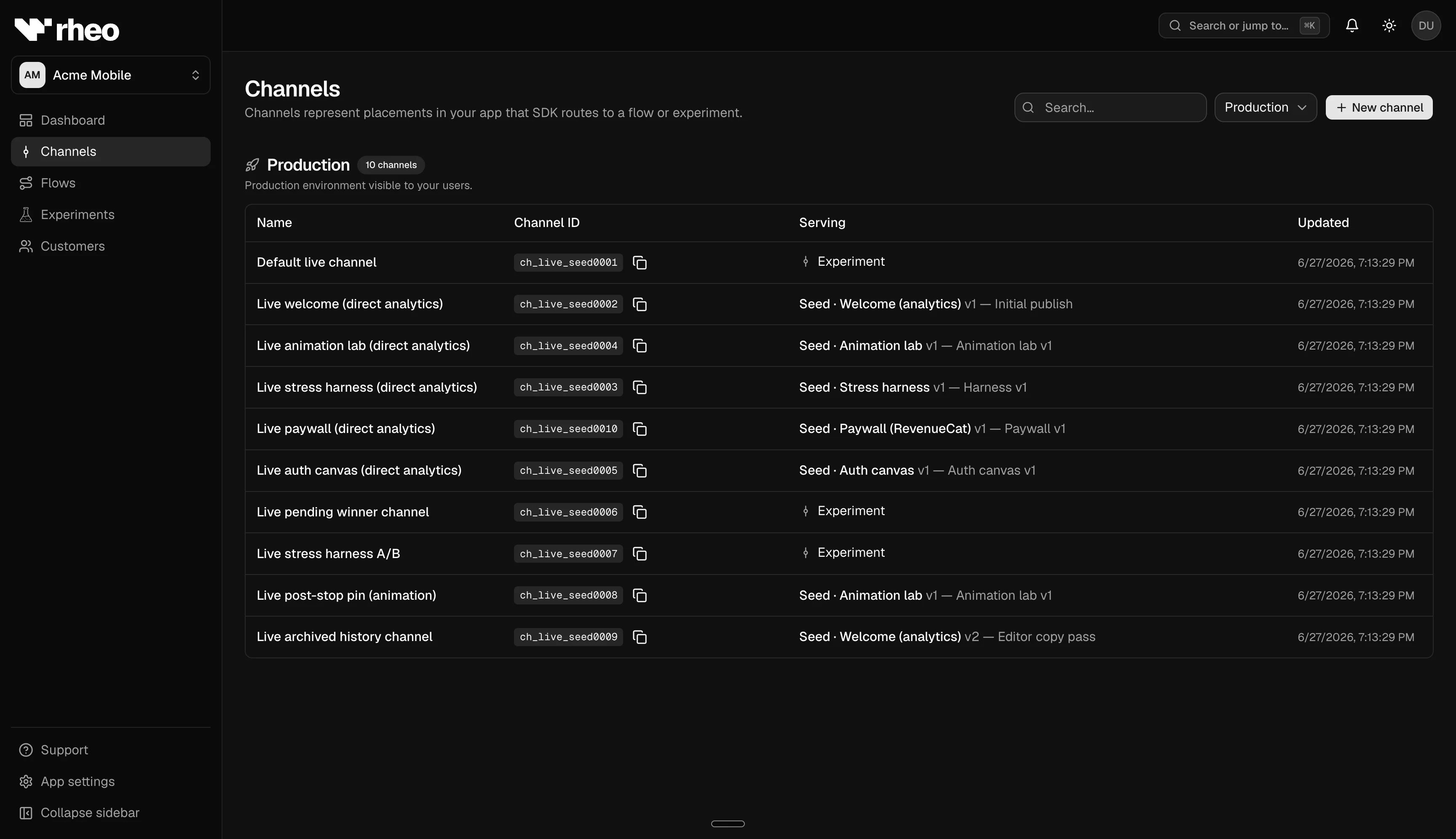 Channels list for an app showing test and live channels with current assignments