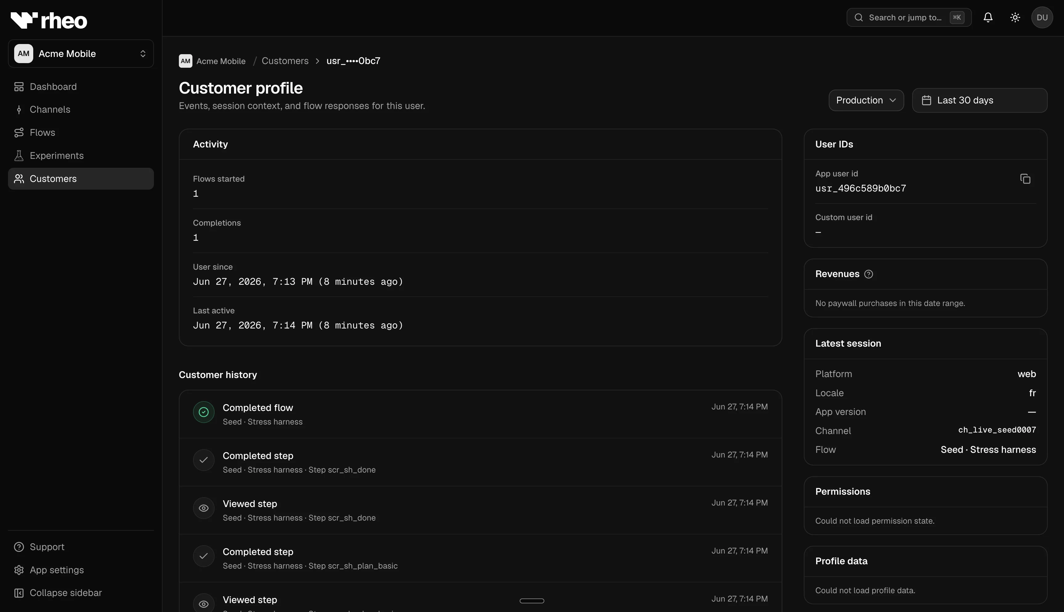Customer profile with activity summary cards and chronological event timeline