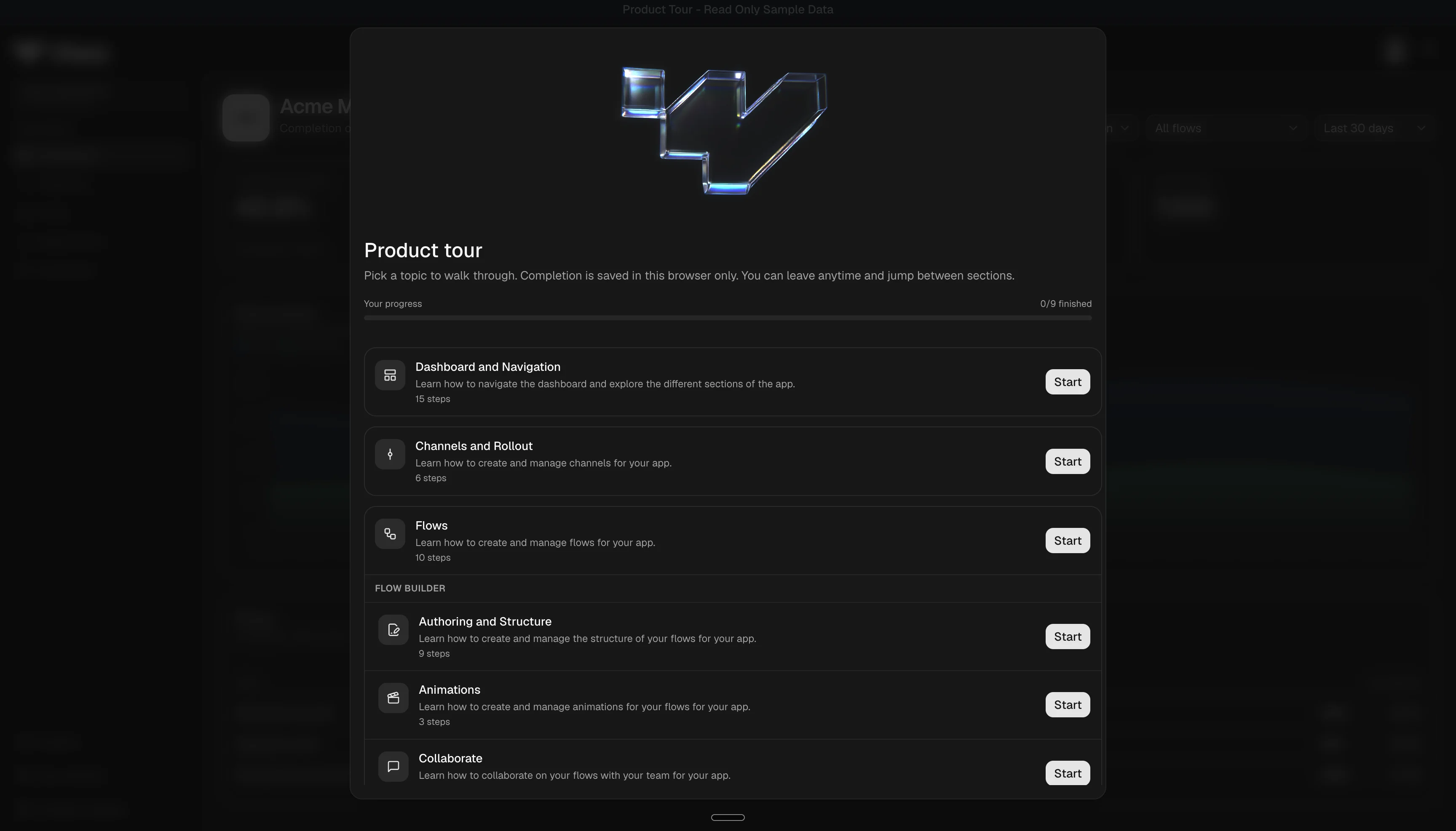 Product tour overlay highlighting a dashboard region during the Channels chapter