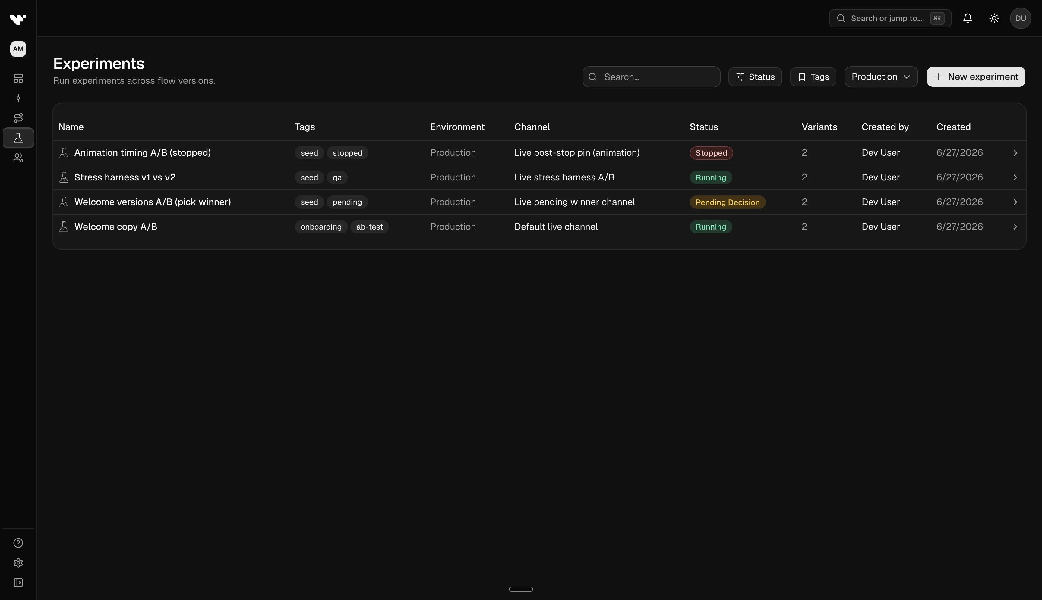 Experiments list showing Draft, Running, and Pending decision tabs