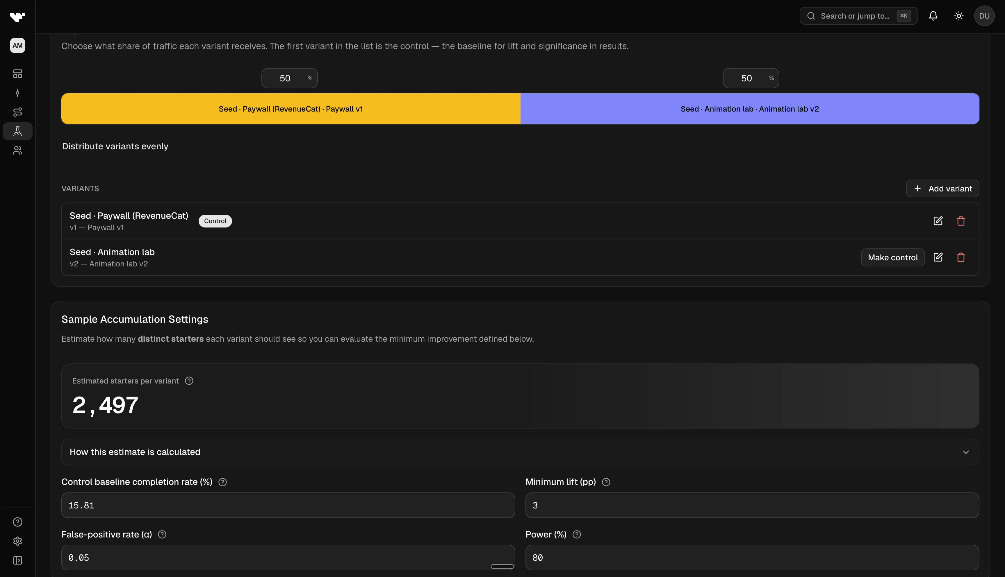 Draft experiment Sample size card with headline number and four input fields