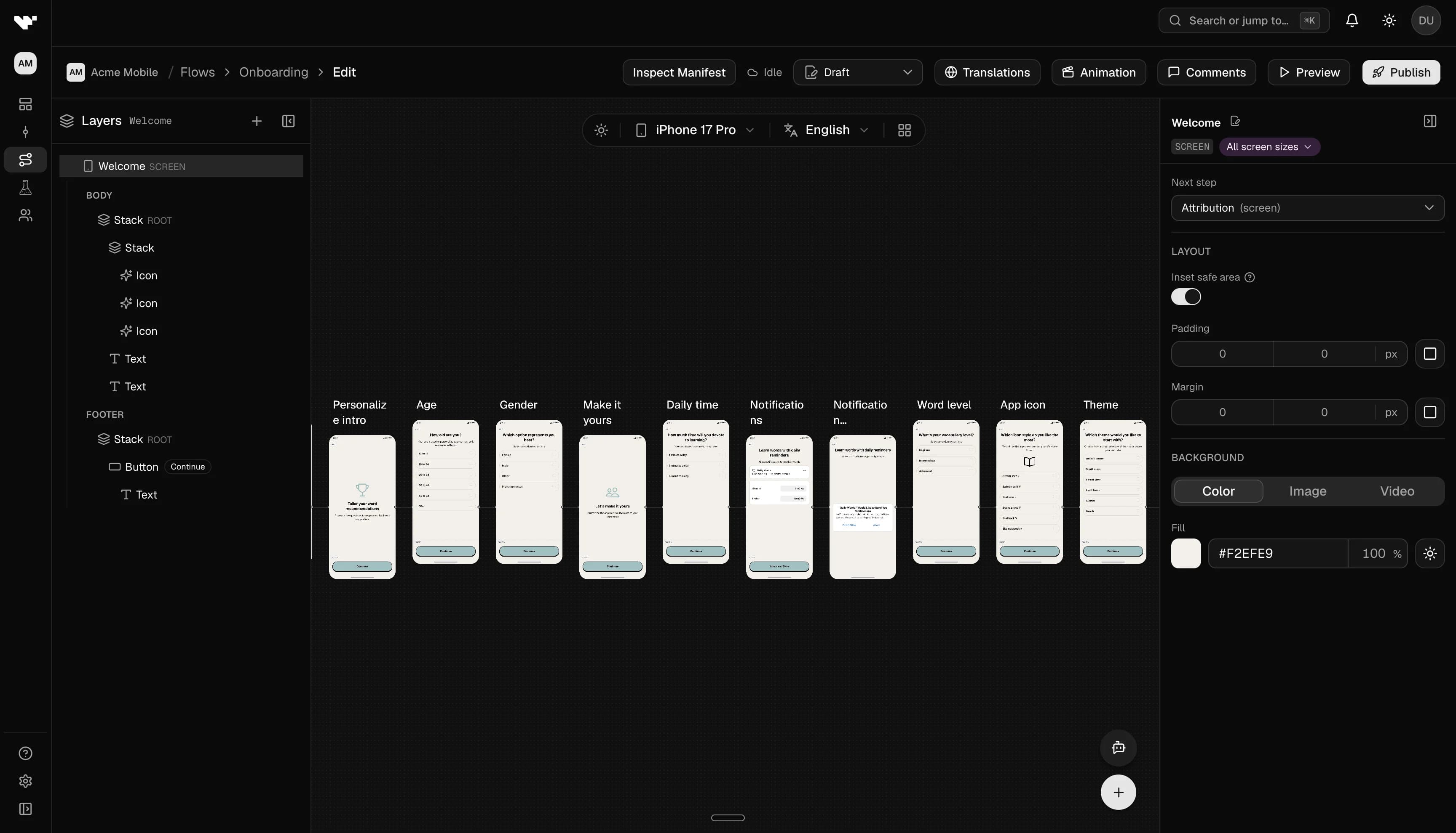 Flow editor with canvas, Layers panel, and top bar (Publish, Translations, Animations)