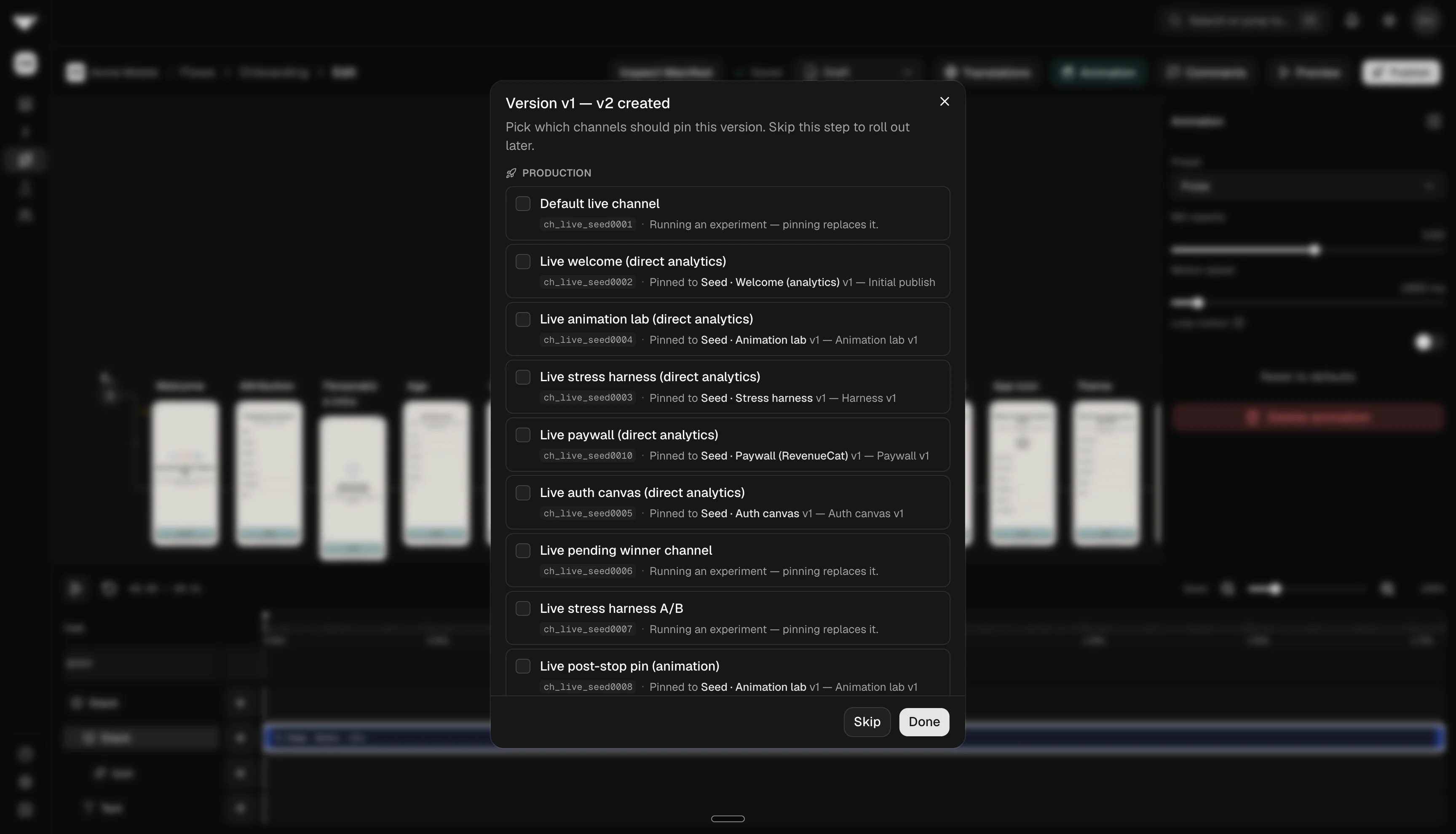 Publish dialog with version label and channel assignment checkboxes