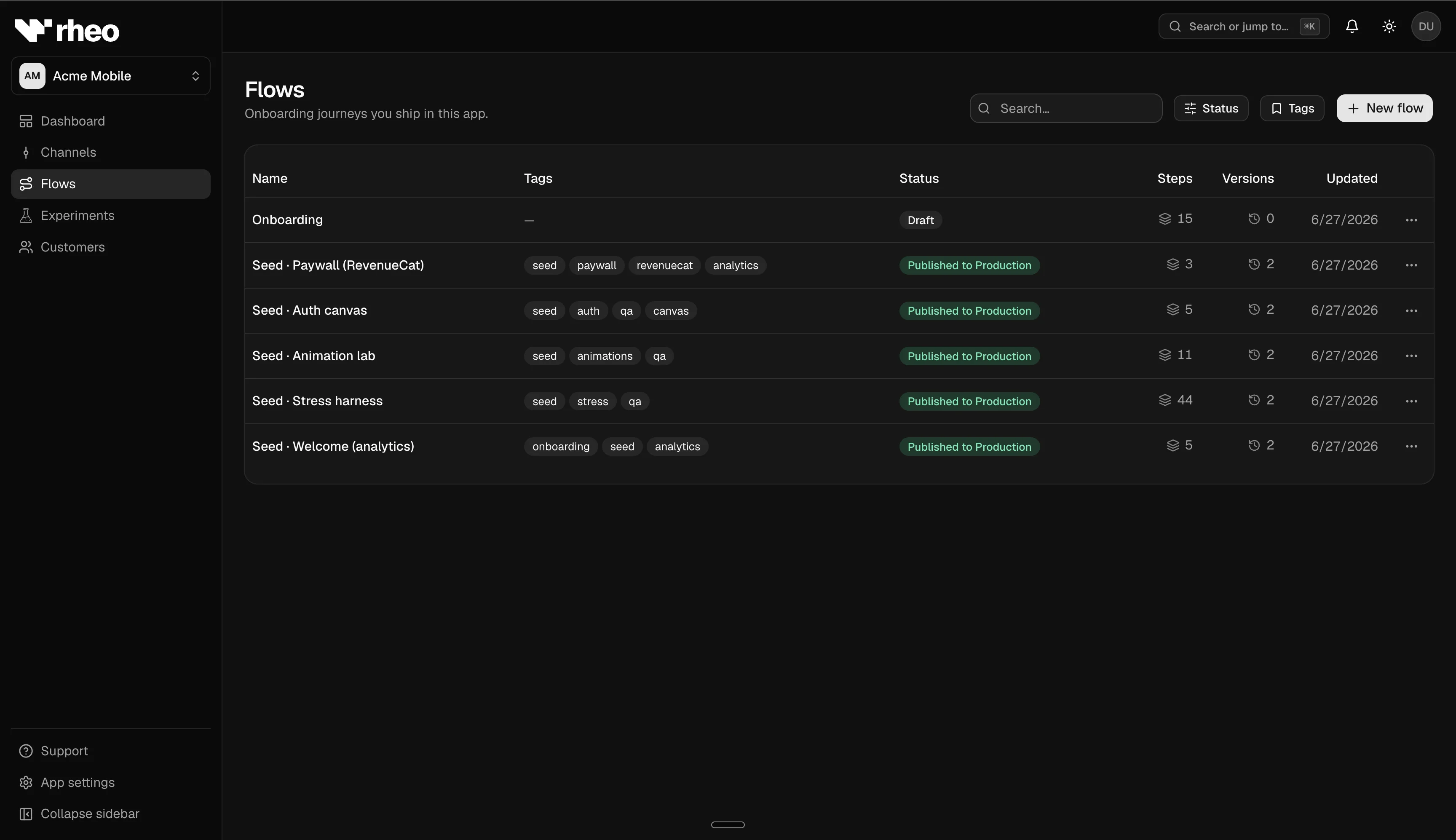 Flows list for an app showing flow names, status, and Edit actions