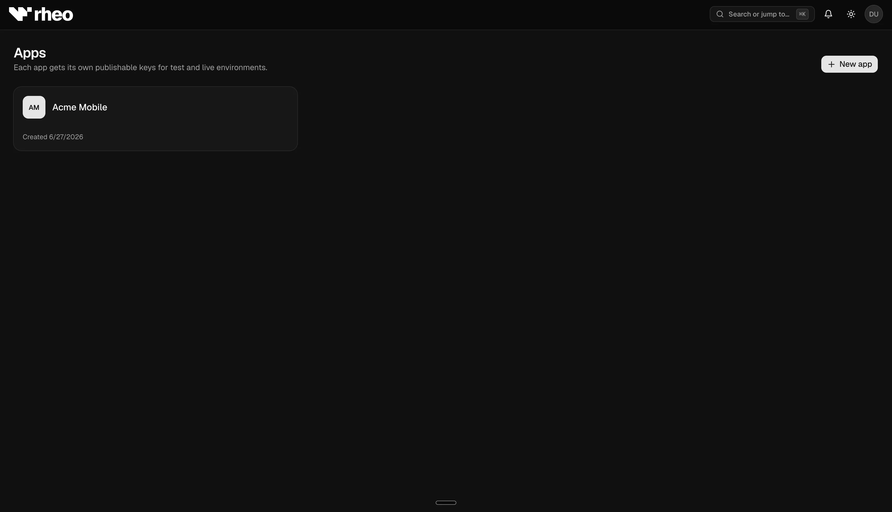 Apps list with the Create app button and at least one app row visible