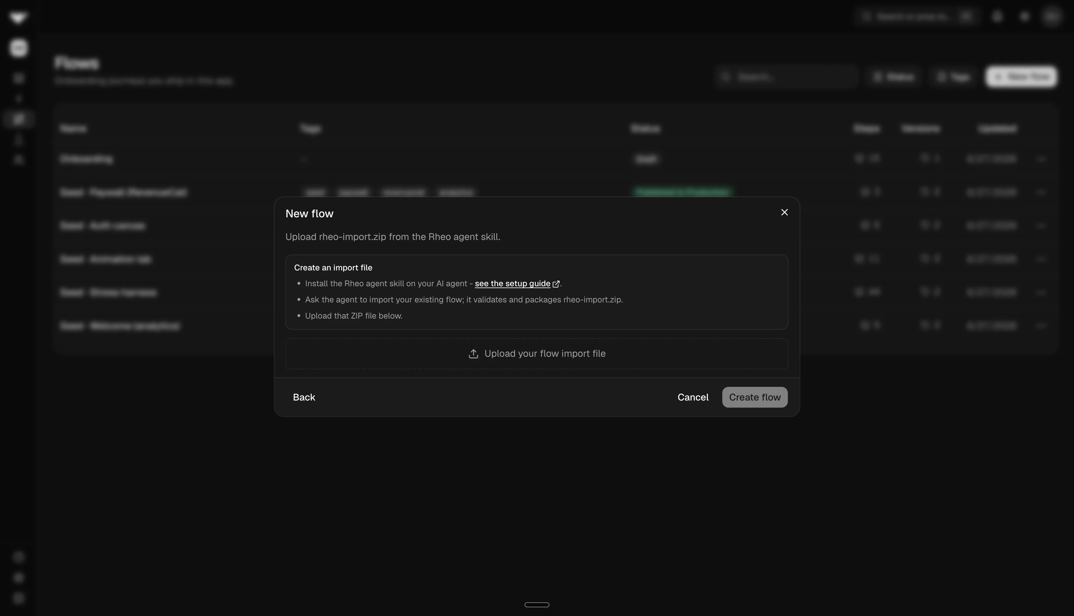 Dashboard: Flow builder — "Import from agent" action and ZIP upload dialog.