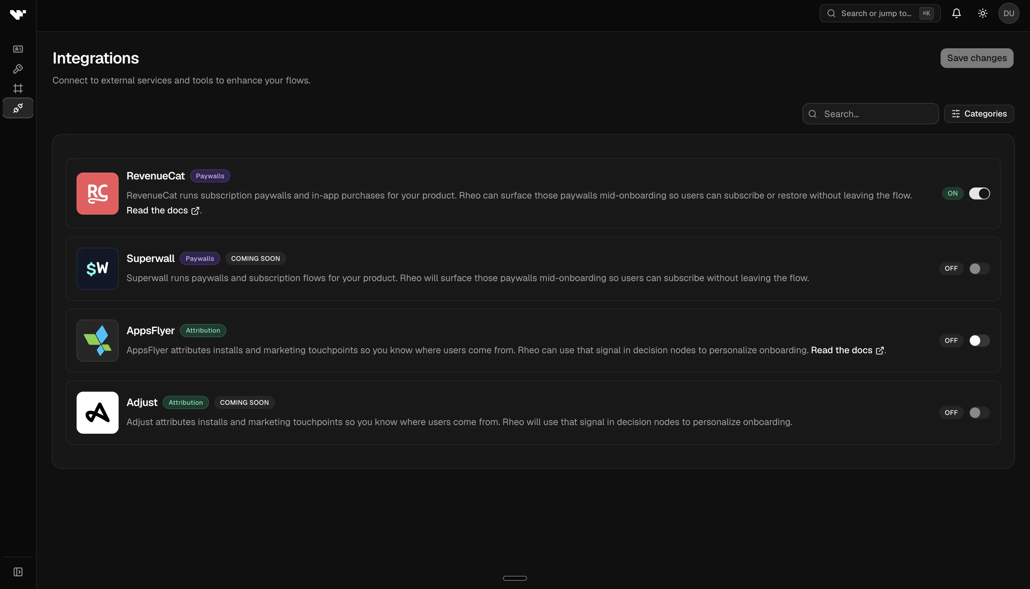 Dashboard: App settings → Integrations — RevenueCat, Superwall, and AppsFlyer toggles.