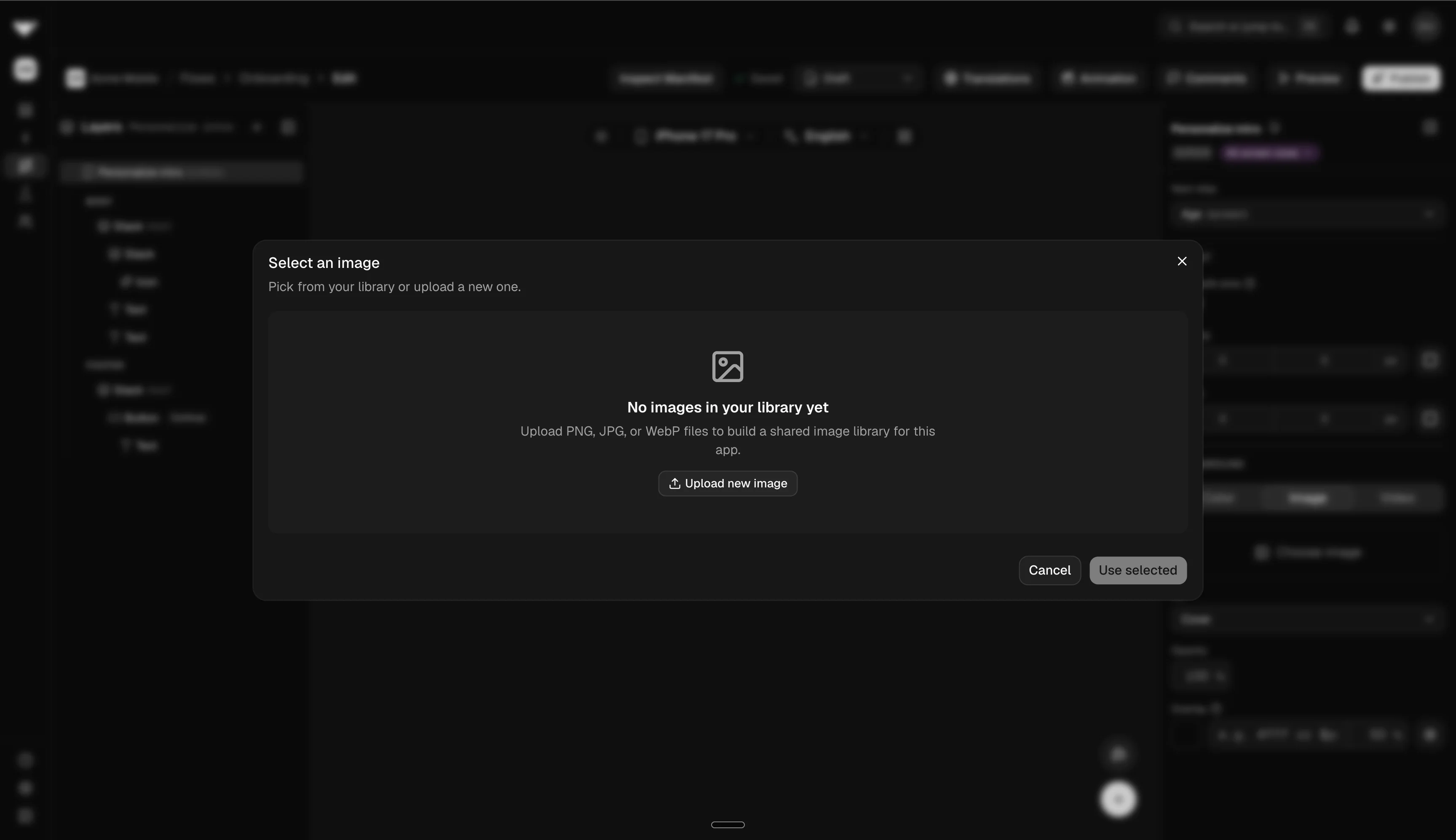 Media picker dialog showing library grid and upload area