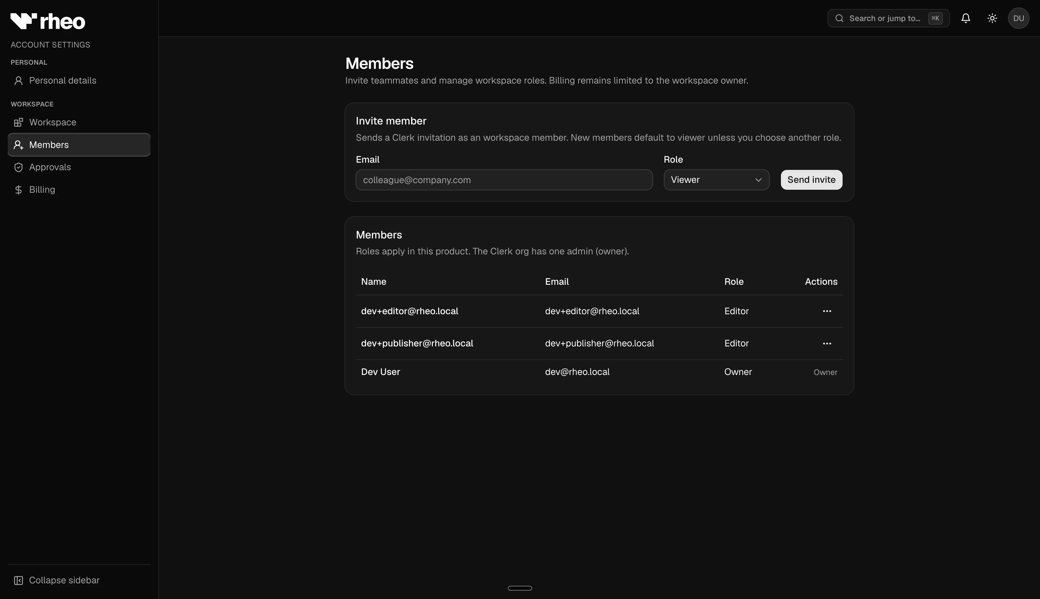 Account → Members with role column and invite button visible
