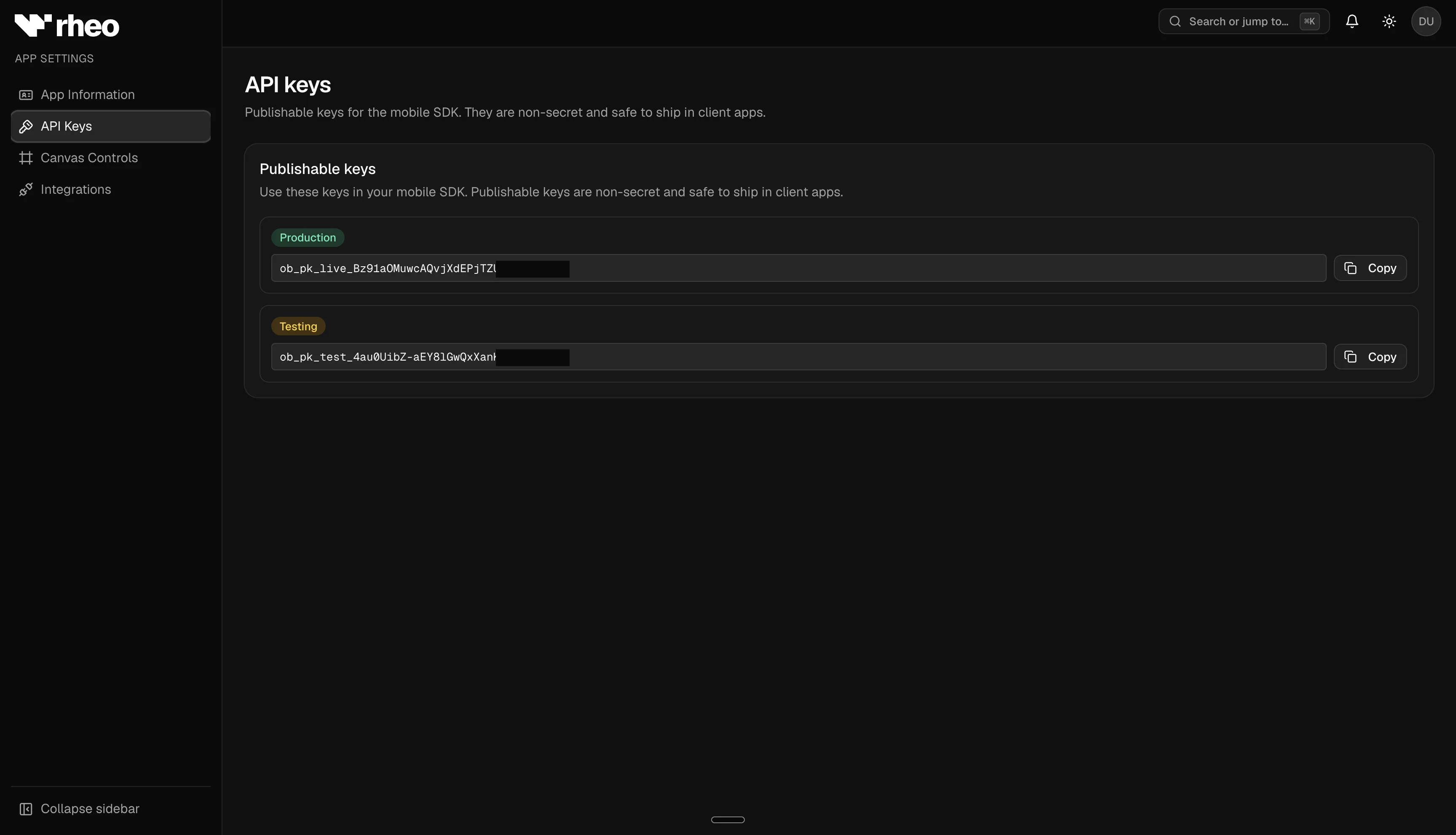 App settings → API keys page showing separate test and live publishable keys with copy buttons