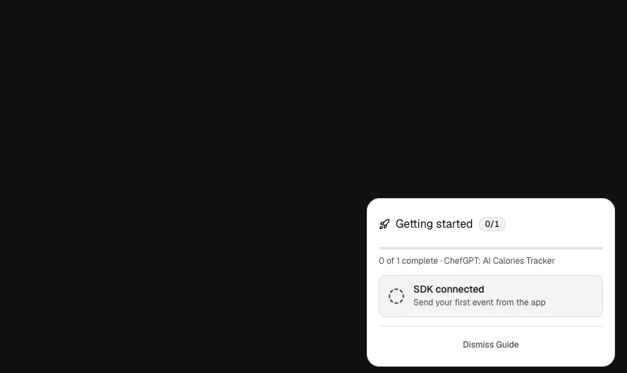 Getting started checklist dock expanded at bottom-right of dashboard