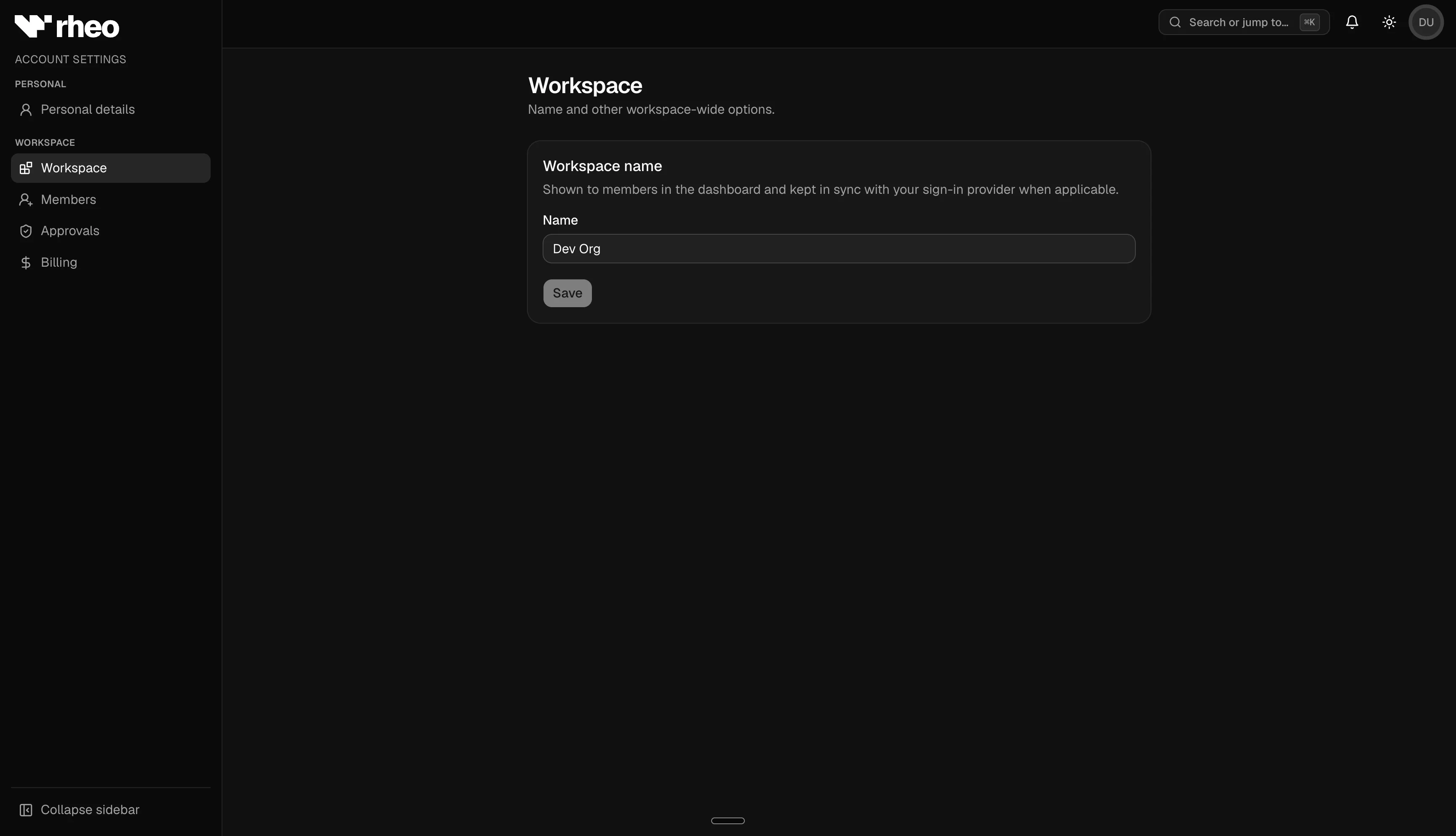 Account settings sidebar showing Workspace, Members, Billing, and Approvals entries